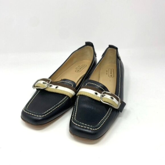 Coach P481 Lia Black Leather Loafers Stripe Strap Made In Italy Size 9.0 B EUC - Picture 2 of 10